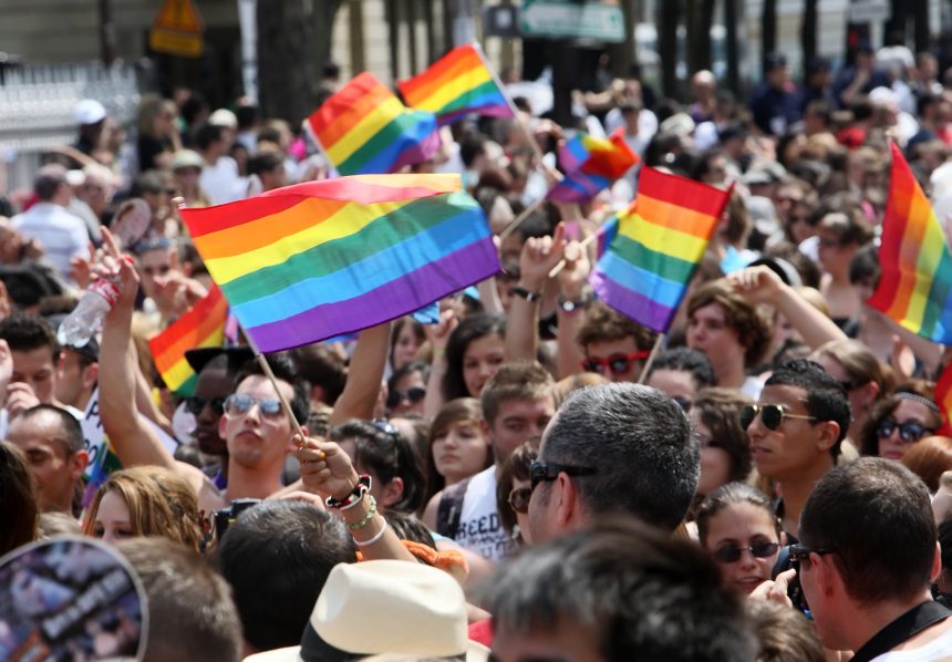 Crowds of people holding pride flags at an LGBTQ+ pride parade.