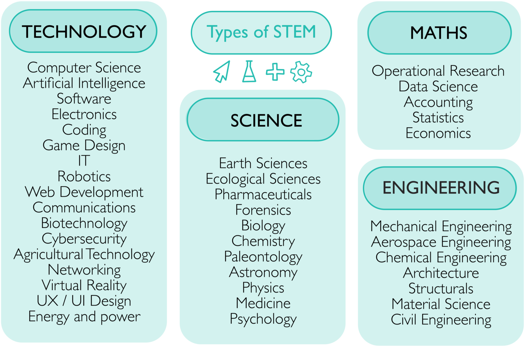 An infographic listing a range of STEM subjects within the fields of science, technology, engineering, and mathematics.