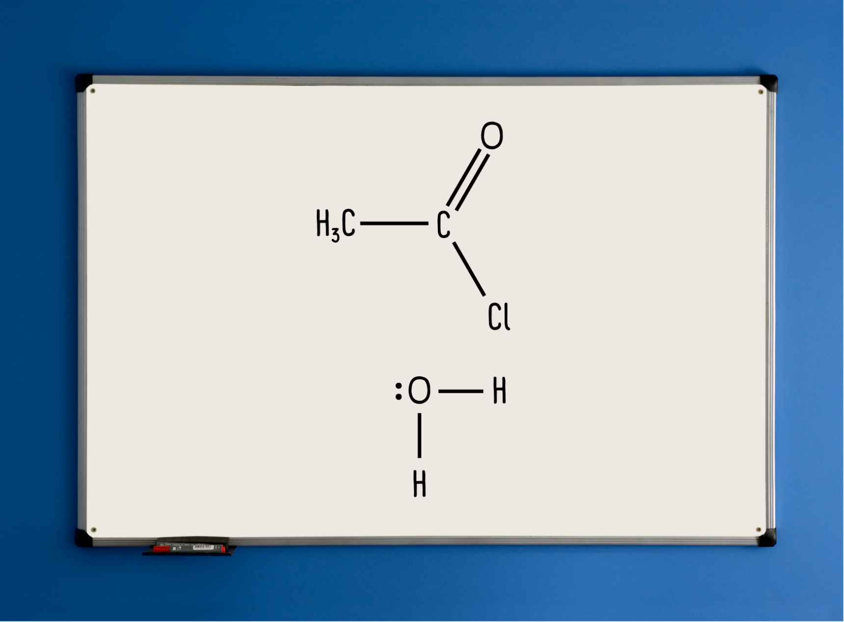 Ethanoyl chloride and water on mini whiteboard.