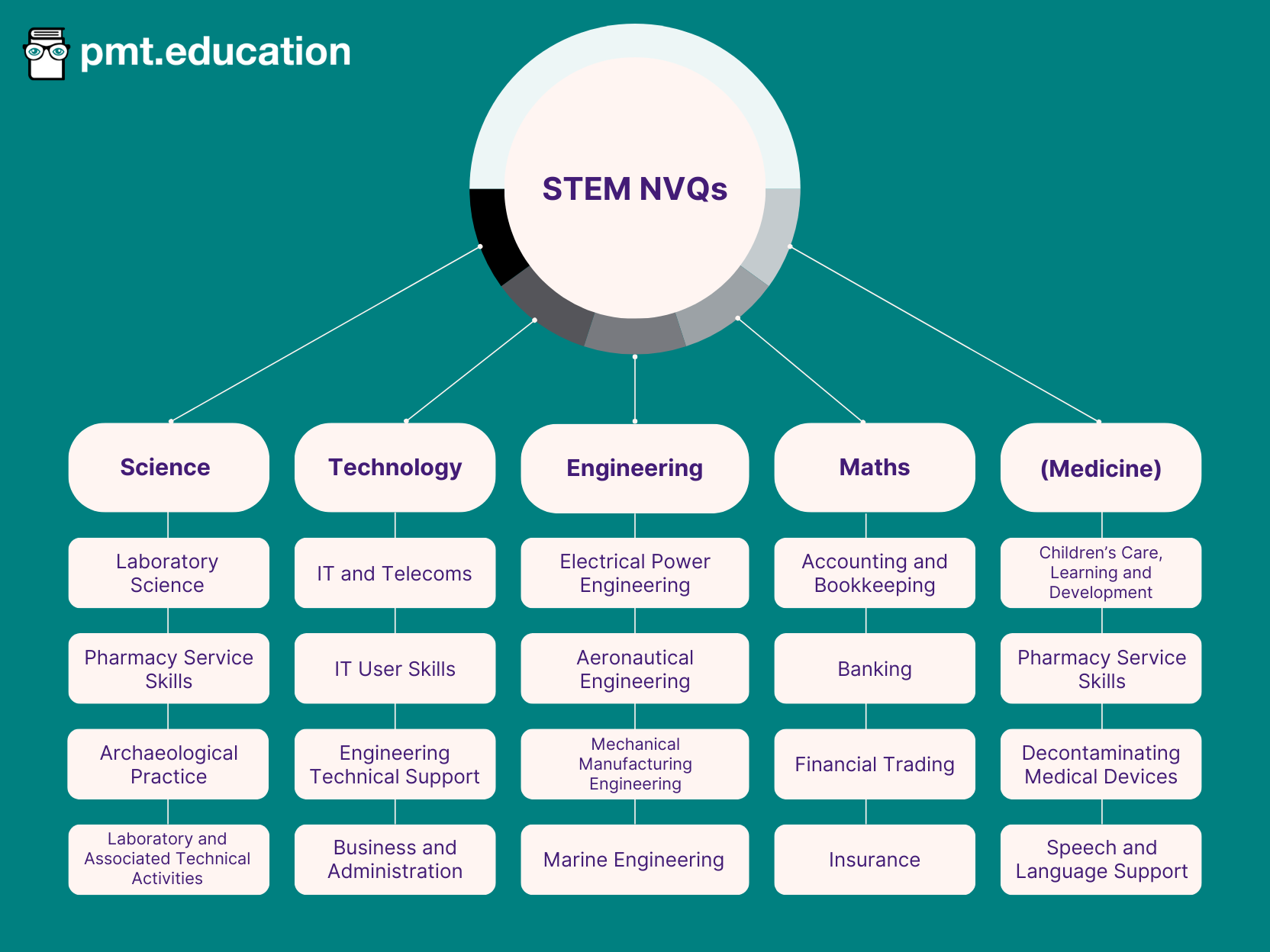 Science NVQs include laboratory science, pharmacy service skills, archaeological practice, and laboratory and associated technical activities. Technology NVQs include IT and telecoms, IT user skills, engineering and technical support, and business and administration. Engineering apprenticeships include electrical power engineering, aeronautical engineering, mechanical manufacturing engineering, and marine engineering. Maths NVQs include accounting and bookkeeping, banking, financial trading and insurance. Medicine apprenticeships include children’s care, learning and development; pharmacy service skills; decontaminating medical devices; and speech and language support.