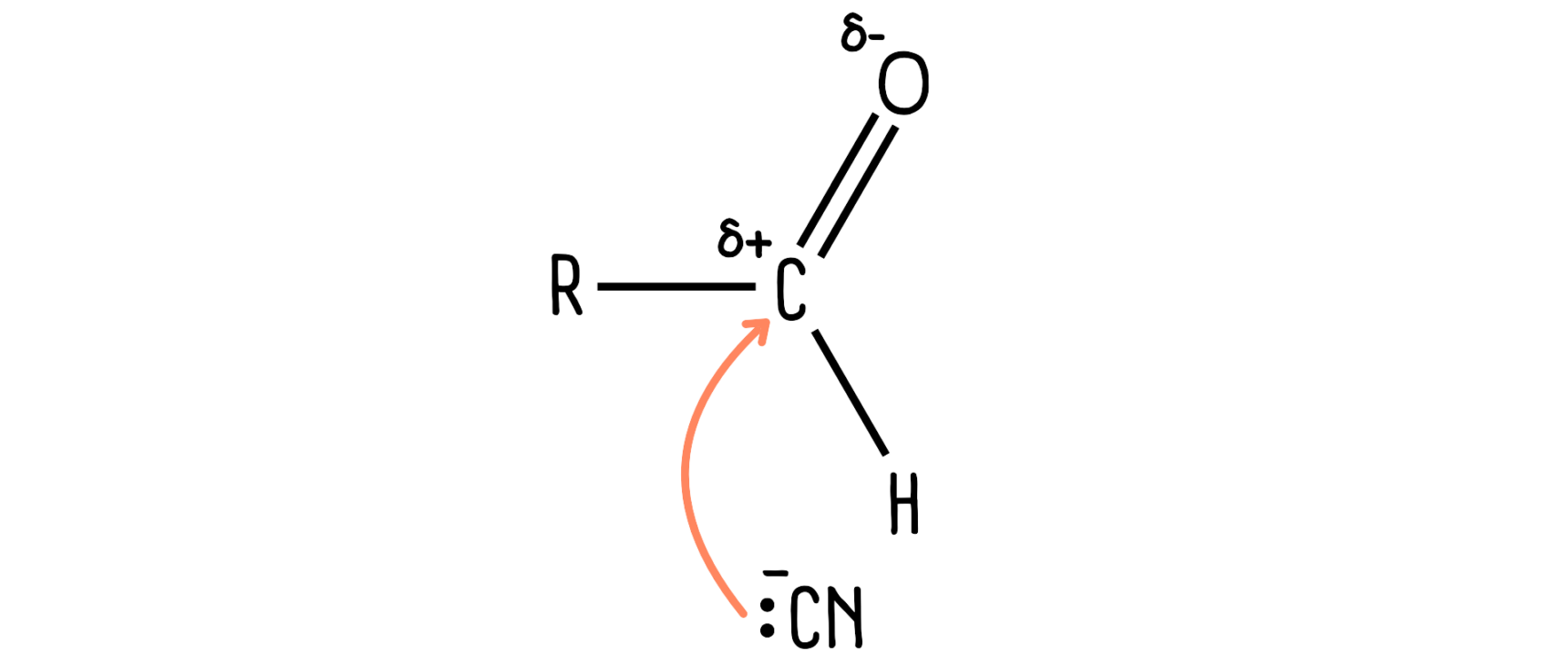 Example of a curly arrow in A Level Chemistry reaction mechanisms.