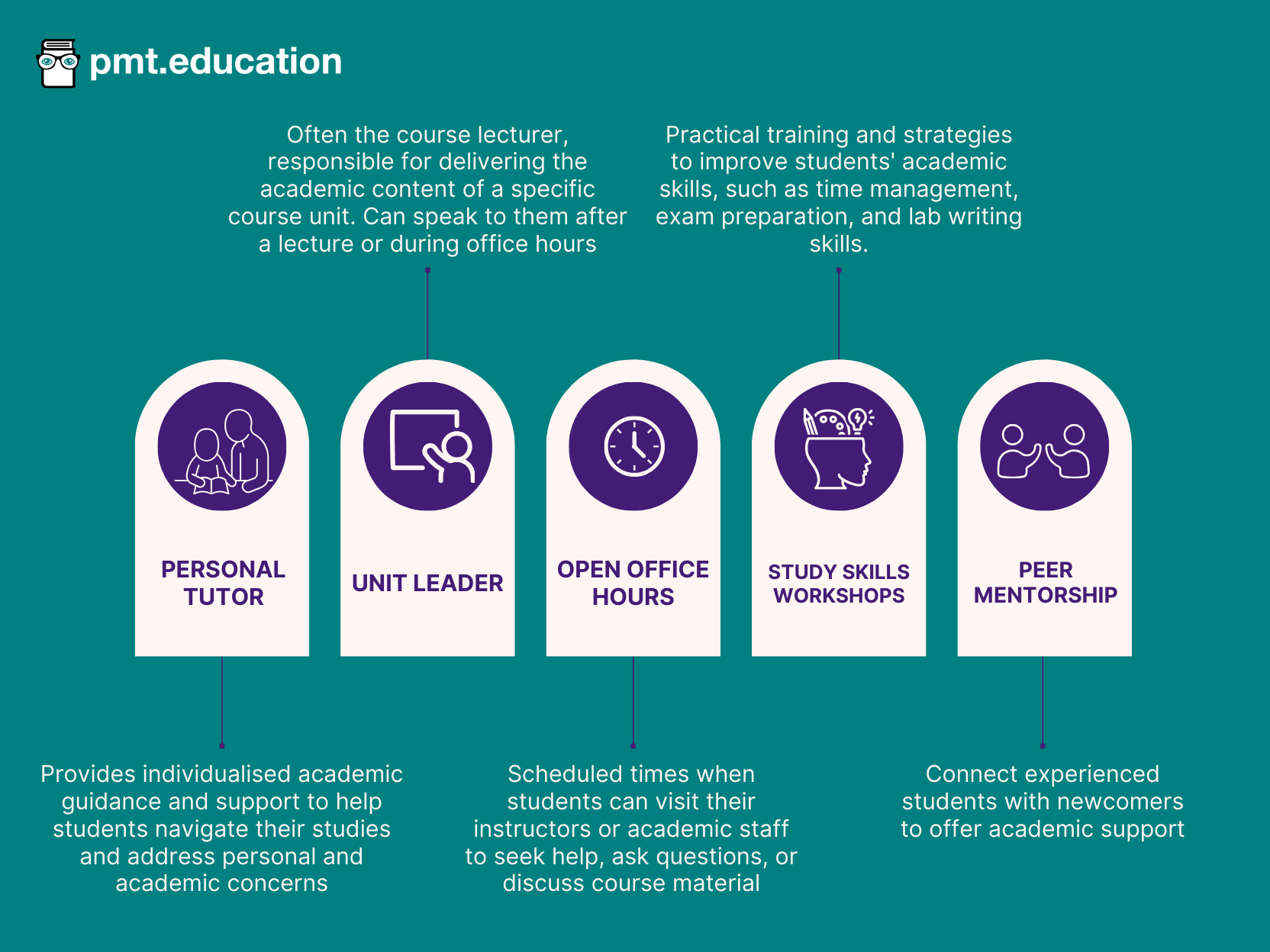 There are various forms of academic support at university. Your personal tutor provides individualised academic guidance and support to help you navigate your studies and address personal and academic concerns. The unit leader, often the course lecturer, is responsible for delivering the academic content of a specific course unit and can be found after a lecture or during office hours. Open office hours are scheduled times when students can visit their instructors or academic staff to seek help, ask questions, or discuss course material. Study skills workshops include practical training and strategies to improve students' academic skills, such as time management, exam preparation, and lab writing skills. Peer mentorship programmes, such as the PASS programme, connect experienced students with newcomers to offer academic support.