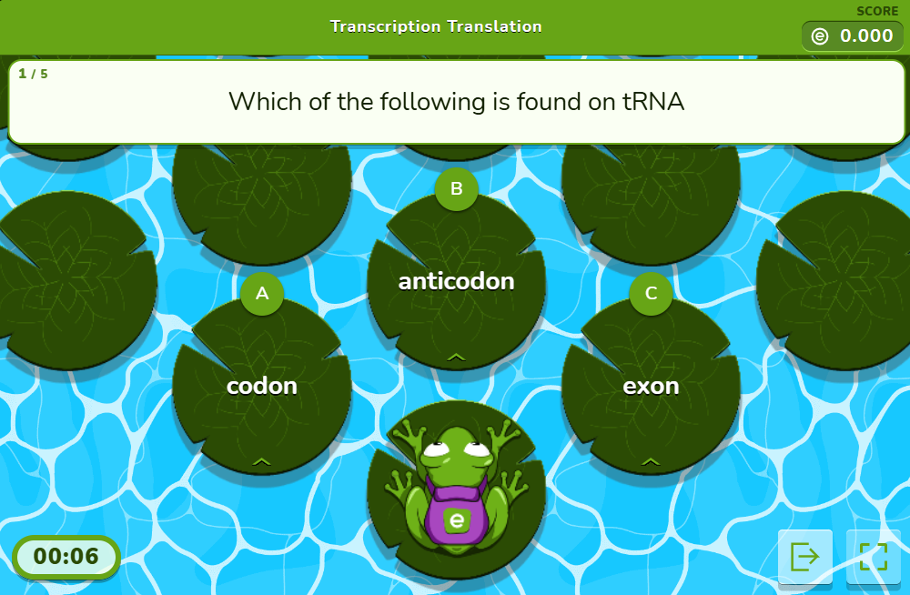 A screenshot of a Froggy Jumps biology game on Educaply with the text "Which of the following is found in tRNA?"